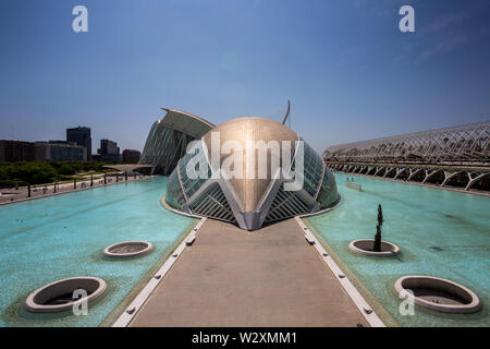 Valencia, Valencia, Spain. 10th June, 2019. A view of the Arts & Science City in Valencia.Arts and Science City is an entertainment-based cultural, sci-fi-style and architectural complex in the city of Valencia, Spain. It is the most important modern tourist destination in the city of Valencia. Designed by Santiago Calatrava and Félix Candela, the project began the first stages of construction in July 1996, and was inaugurated April 16, 1998 with the opening of L'HemisfÃ¨ric. The last great component of the City of Arts and Sciences, El Palau de les Arts Reina Sofia, was inaugurated on Octob Stock Photo