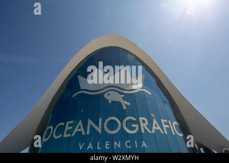 Valencia, Valencia, Spain. 10th June, 2019. A view of the Oceanografic, the second best aquarium in the world at the Arts and Science City in Valencia.Arts and Science City is an entertainment-based cultural, sci-fi-style and architectural complex in the city of Valencia, Spain. It is the most important modern tourist destination in the city of Valencia. Designed by Santiago Calatrava and Félix Candela, the project began the first stages of construction in July 1996, and was inaugurated April 16, 1998 with the opening of L'HemisfÃ¨ric. The last great component of the City of Arts and Science Stock Photo