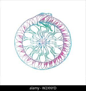 Neon illustration of a Uroboros snake eating its tail. Pattern, idea for tattoo. Stock Vector