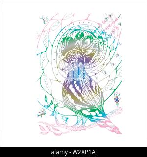 Color illustration with abstract pattern, psychedelic bird and meditating people. Stock Vector