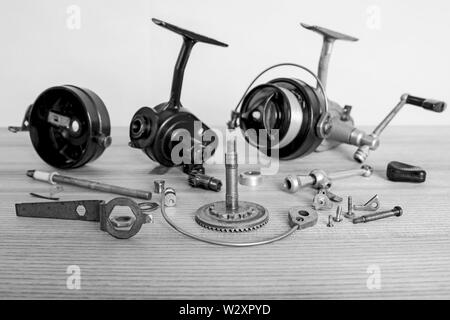 https://l450v.alamy.com/450v/w2xpyd/a-fishing-spinning-reel-as-a-whole-and-a-second-similar-completely-disassembled-black-and-white-image-w2xpyd.jpg