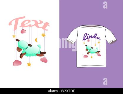 Sleepy sheep Cartoon character lamb. Clouds, stars and moon. Shirt with a print. Design for textiles, fabrics. With sample text. Curly ram. Green and pink Concept for pajamas pattern. Vector illustration poster nursery, kid apparel. Stock Vector