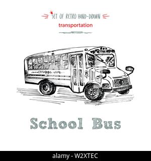 Hand drawn school bus symbol on white background. With text School bus. Vintage background. Good idea for chalkboard design Stock Vector