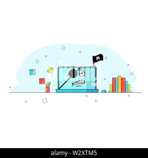 Broken laptop computer. Captured by pirated software. Needs repairs. Device is not working. Evil emotion. cartoon character technique. Workplace. Vector flat illustration. Idea for site, application. Equipment is defective. Icon on blue background Stock Vector