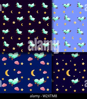 Cute sleepy sheep. Seamless pattern for baby textiles. Cartoon animal character. Set of prints on blue and black background. Stars and moon. funny design for fabric. Turquoise wool. Vector illustration. Pink clouds. Repeating design for pajamas Stock Vector