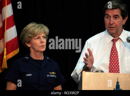 U.S. Coast Guard Rear Adm. Mary Landry and BP Chief Operating Officer Doug Suttles brief media about the ongoing Deepwater Horizon oil disaster. Stock Photo