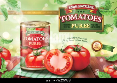 Canned tomato puree ads with fresh vegetables on wooden table in 3d illustration Stock Vector