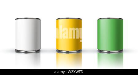 Blank tin cans mockup on white background in 3d illustration Stock Vector