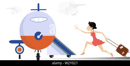 Young woman in the airport illustration. Scurrying young woman with suitcase trying does not miss the flight isolated on white Stock Vector