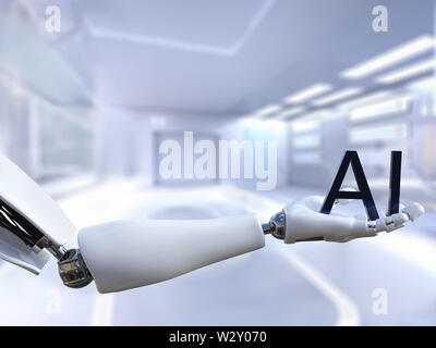 3D rendering of a male robot hand holding the text letters AI, meaning artificial intelligence technology. Futuristic concept. Stock Photo