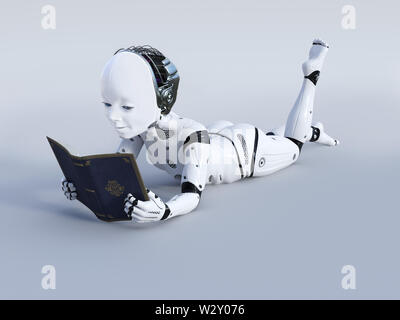 3D rendering of robotic child lying on the floor and reading a book with great interest. Gray background. Stock Photo
