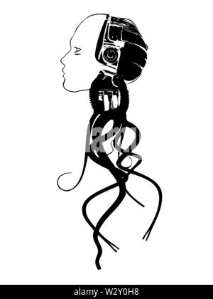 A black and white vector image of a robot head profile with the letters AI instead of an eye, cables coming out from the neck. Concept of future techn Stock Vector