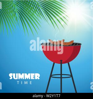 barbeque on a sunny summer day with palm leaf vector illustration EPS10 Stock Vector