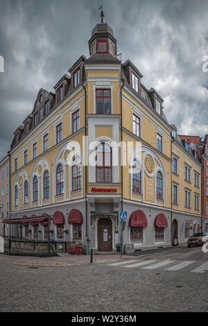 KARLSKRONA, SWEDEN - JULY 03, 2019: An art deco building on the corner of a street in Karlskrona, Sweden. Stock Photo
