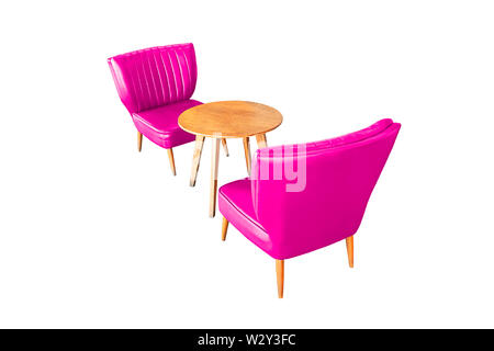 Isolated Wooden table and Pink Chair sofa , beautiful vintage on a white background Stock Photo