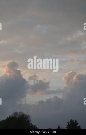 Billowing cummulus  white fluffy clouds catching the light of the evening sun setting, glowing at the edges Stock Photo