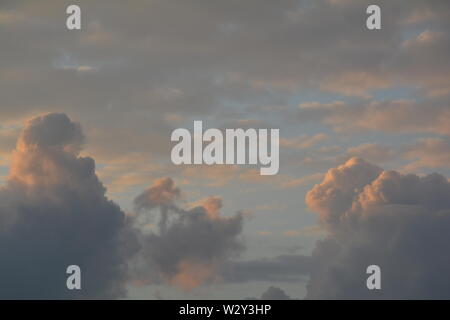 Billowing cummulus  white fluffy clouds catching the light of the evening sun setting, glowing at the edges Stock Photo