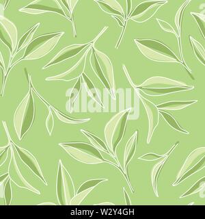 Matcha Green Tea Leaves Simple Graphic Seamless Pattern on Green Background Stock Vector