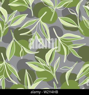 Green Tea Leaves. Matcha Simple Graphic Seamless Pattern on Grey Background Stock Vector