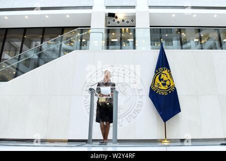 (190711) -- BEIJING, July 11, 2019 (Xinhua) -- International Monetary Fund (IMF) Managing Director Christine Lagarde speaks on launch of the new Special Drawing Right (SDR) basket including the Chinese currency, the renminbi (RMB) in Washington D.C., the United States, Sept. 30, 2016. (Xinhua/Yin Bogu) Stock Photo