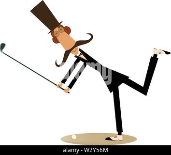 Gentleman a golfer isolated illustration.Mustache gentleman in the top hat makes a good kick isolated on white illustration Stock Vector