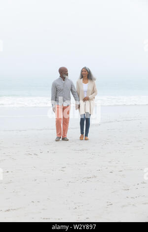 Couple holding hands while walking by the beach Stock Photo