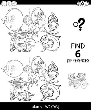 Black and White Cartoon Illustration of Finding Six Differences Between Pictures Educational Game for Children with Funny Fish in the Water Coloring B Stock Vector