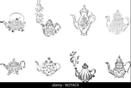 Set of retro hand drawn teapots, great design for any purposes. Teapot hand drawn in chinese style on white background. Retro collection. Kettle icon Stock Vector