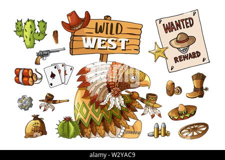Vector Set Cowboy and Wild West Labels and Sticker Elements in Cartoon Style Stock Vector