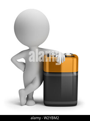 3d small person with a big battery. 3d image. Isolated white background. Stock Photo