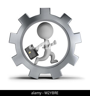 3d small person - businessman with briefcase running in gear wheel. 3d image. Isolated white background. Stock Photo