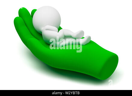 3d small people lying on a careful hand of the world. 3d image. Isolated white background. Stock Photo