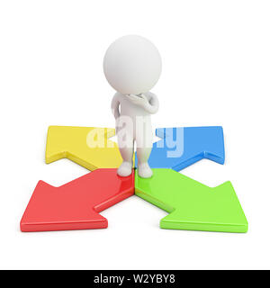 3d small person in a thoughtful pose standing on colorful arrows. 3d image. White background. Stock Photo