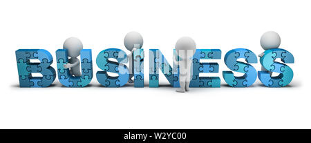 3d small people collect the puzzles of the word business. 3d image. White background. Stock Photo