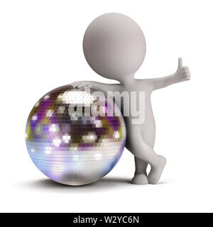 3d small person standing next to a disco ball and showing a positive gesture. 3d image. Isolated white background. Stock Photo