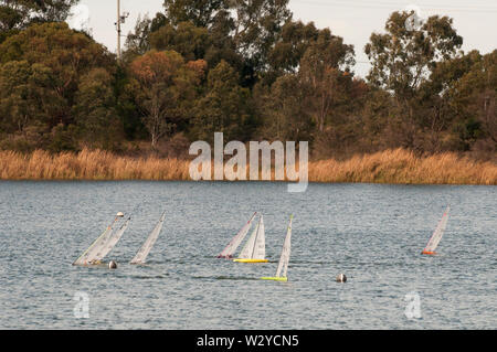 Radio-controlled model sailboats at Karkarook Park, Moorabbin, Victoria, a former sand quarry in the eastern suburbs of Melbourne, Australia