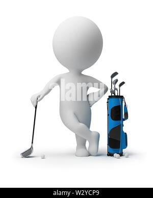 3d small person leant the elbows on a stick for a golf near to a bag for sticks. 3d image. Isolated white background. Stock Photo