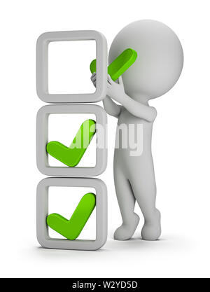 3d small person makes a tick in cell. 3d image. White background. Stock Photo