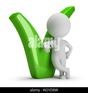 3d small person leaning on the green tick. 3d image. White background. Stock Photo