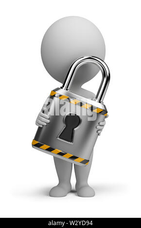 3d Small Person With A Key Lock. 3d Image. White Background. Stock