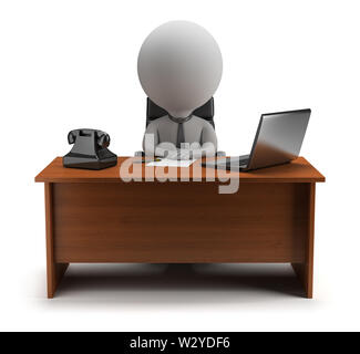 3d small person - manager sits at a desk with a laptop and phone. 3d image. Isolated white background. Stock Photo