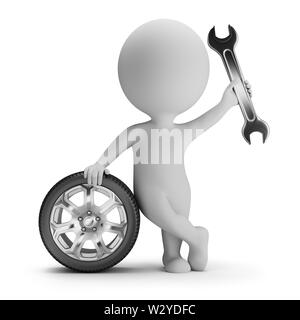 3d small person standing next to a car wheel with a wrench in hand. 3d image. White background. Stock Photo