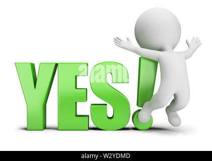 3d small person jumping next to yes. 3d image. White background. Stock Photo