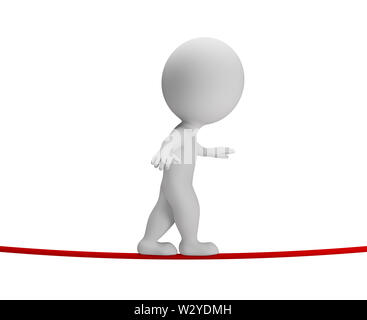 3d small person walking on rope. 3d image. White background. Stock Photo