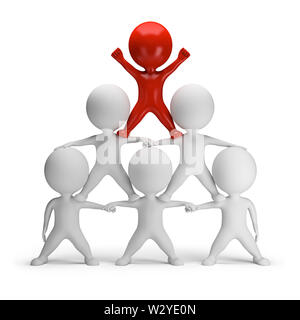 3d small people standing on each other in the form of a pyramid with the top leader. 3d image. Isolated white background. Stock Photo