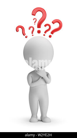 3d small people with a lot of questions over his head. 3d image. White background. Stock Photo