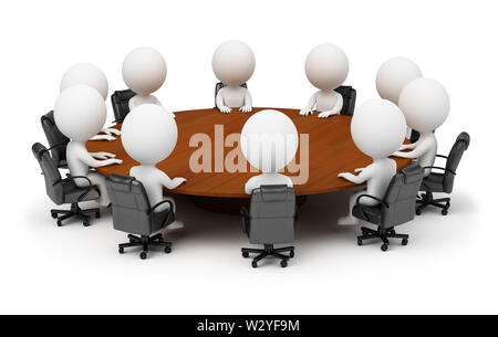 3d small people - session behind a round table. 3d image. Isolated white background. Stock Photo