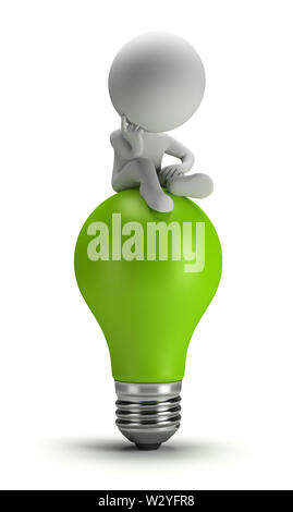 3d small person sitting on a green light bulb in a thoughtful pose. 3d image. White background. Stock Photo