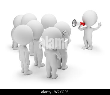 3d small person talking on a megaphone to the crowd. 3d image. White background. Stock Photo