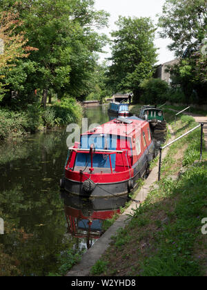 Canal boats, or narrowboats or longboats moored at Hockerill Cut on the River Stort at Bishops Stortford Hertfordshire UK Stock Photo